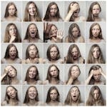 Multiple portraits showcasing various facial expressions and emotions of a young woman.